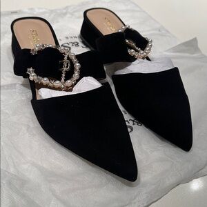 Elegant Black Mules with Pearl Buckle by Versace